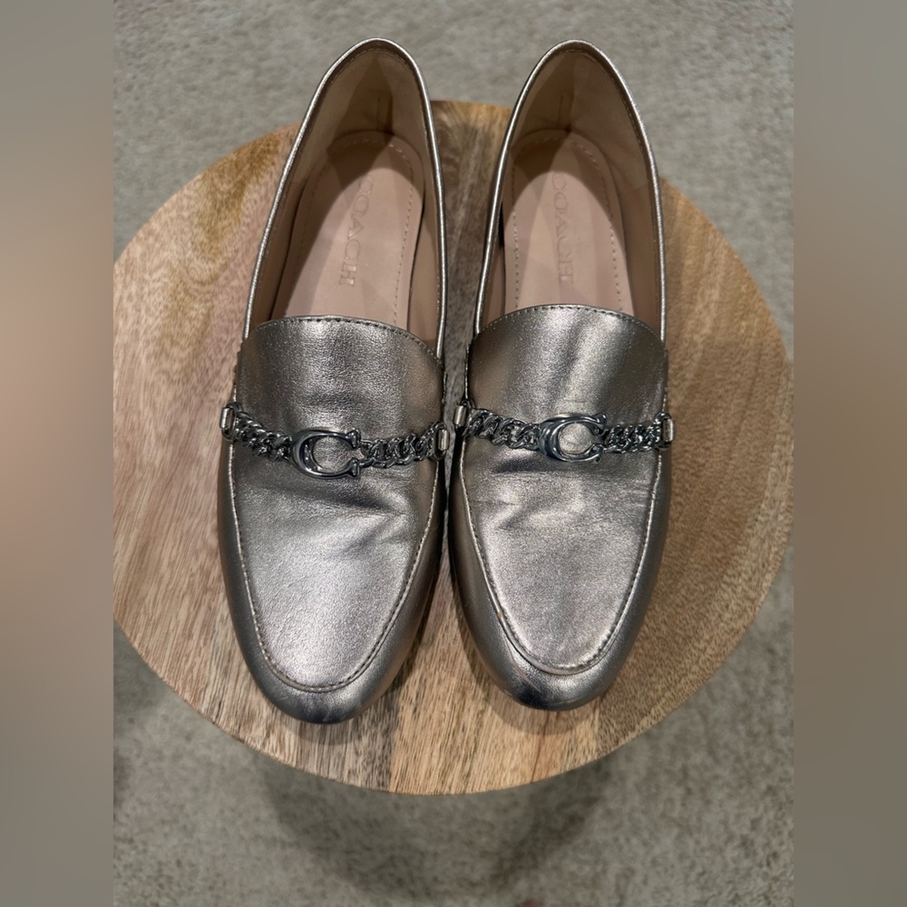 Used Coach Helena Chain Metallic Silver Women's Loafers Size 8